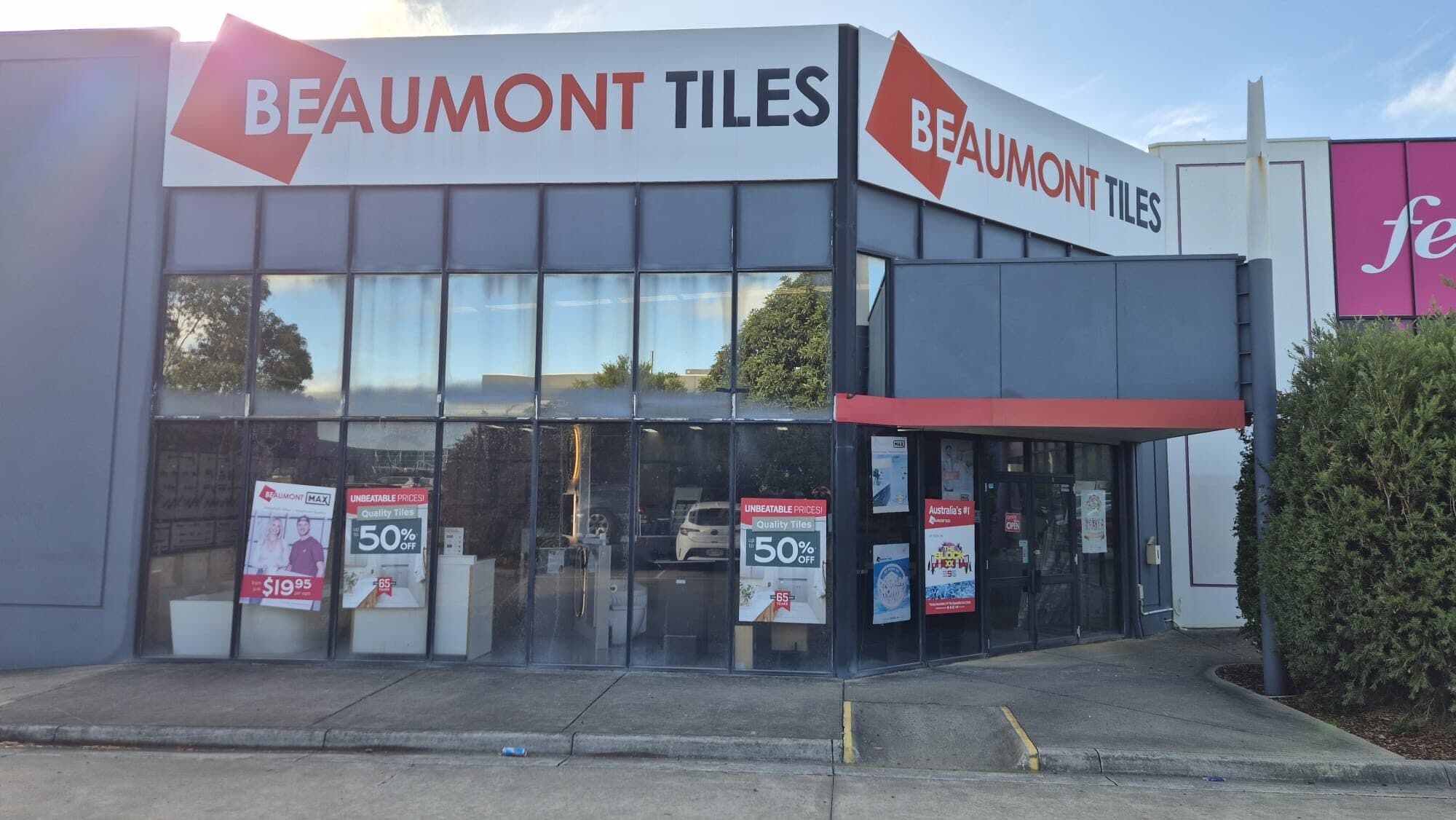 The Beaumont Tiles store in Narre Warren, branding clearly visible across the glazed shopfront