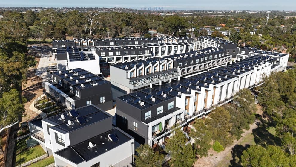 Aerial view of a large medium density townhouse estate in Melbourne fitted out by Climate Group