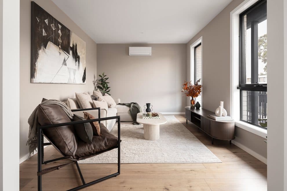 Split-system head installed in the living area of a Luma townhome