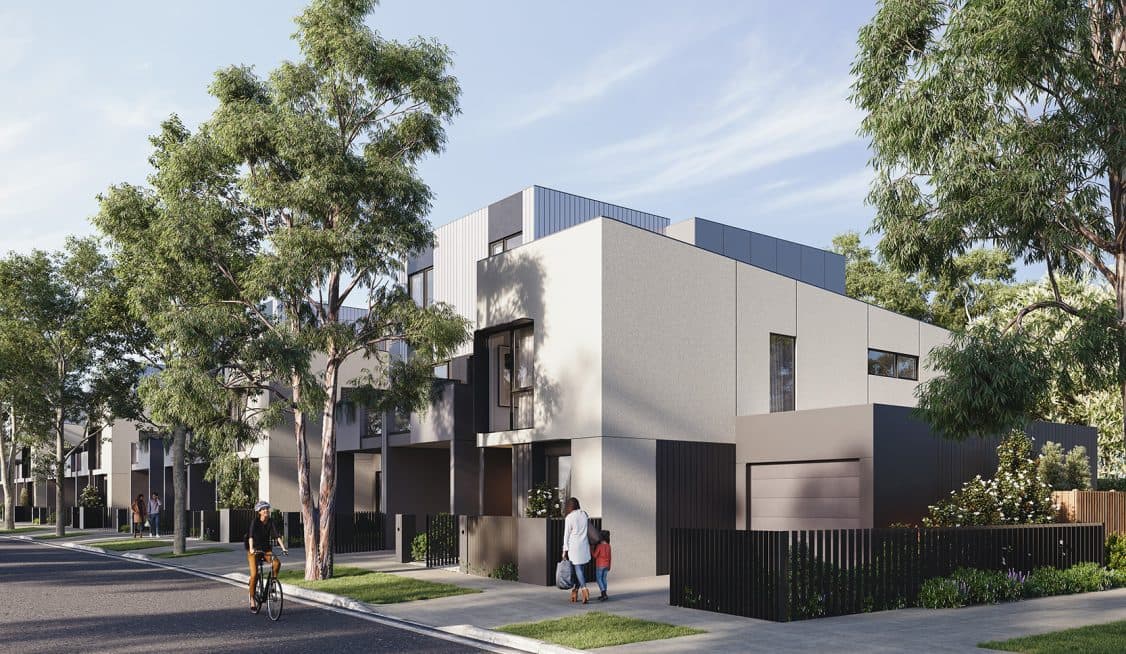 Architectural render of the Wattle House townhomes in Maidstone, a row of two- and three-storey homes along a tree-lined street