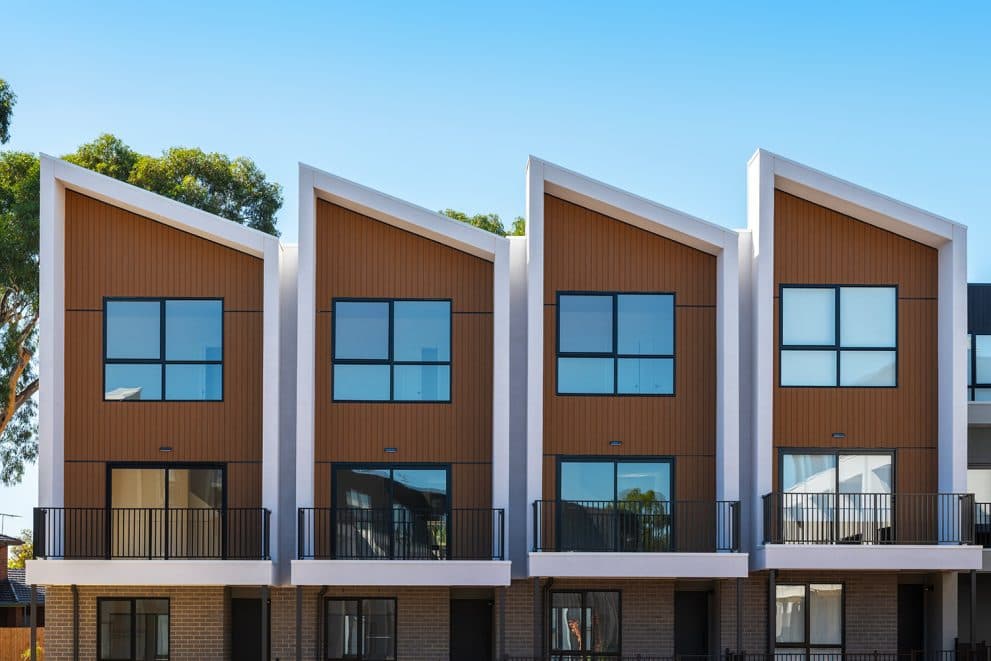 Front facade of the Belmont Collection townhomes, timber-look cladding and white-framed gables above a brick base