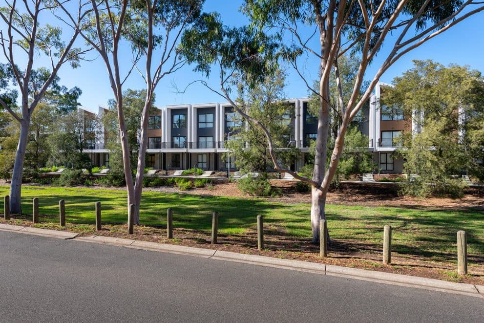 The Belmont Collection viewed across parkland and established eucalypts in Mill Park