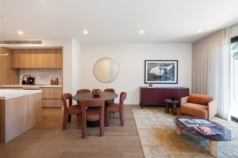 Open-plan living, dining and kitchen in a completed Early 3191 townhome, Sandringham